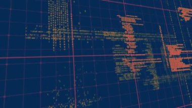 Mavi zemin üzerinde veri işleme animasyonu. küresel bağlantılar, veri işleme ve dijital arayüz konsepti dijital olarak oluşturulmuş video.