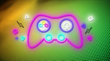 Sarı ve yeşil arka planda neon neon bloknotların animasyonu. Video oyunu, eğlence ve dijital arayüz kavramı dijital olarak oluşturuldu.