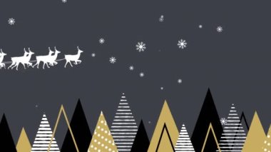 Noel Baba 'nın Noel Baba' sı, ren geyikleri tarafından gri arka planda Noel ağacı ikonlarına karşı çekiliyor. Noel şenliği ve kutlama konsepti