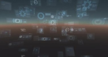 Parlayan ufukta görüntülenen veri işleme ve dürbün animasyonları. küresel bağlantılar, dijital arayüz ve dijital olarak oluşturulmuş video işleme konsepti.