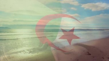 Cezayir bayrağının dijital bileşimi denizdeki dalgaların hava görüntüsüne karşı. Ulusal seyahat ve turizm kavramı