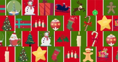 Yeşil ve kırmızı hareketli karelerin yılbaşı eşyalarıyla animasyonu. Noel, kış, gelenek ve kutlama konsepti dijital olarak oluşturulmuş video.