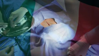 Ameliyathanede cerrahlar yerine Belarus bayrağı animasyonu. küresel tıp, covid 19 pandemik konsept sırasında sağlık hizmetleri dijital olarak üretilen video.