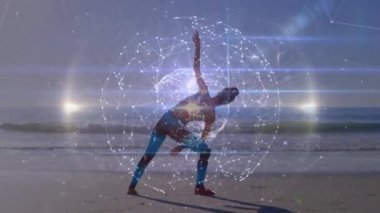 Kafkas kadının plajda yoga yapması üzerine dünya ile olan bağlantıların animasyonu. global spor, incelik ve sağlıklı yaşam tarzı konsepti dijital olarak oluşturulmuş video.