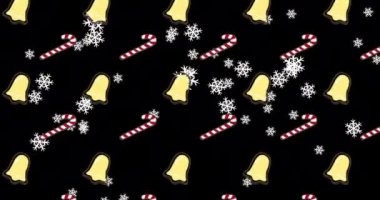 Siyah arka planda çoklu çan ve baston şeker animasyonu. Noel, kış, gelenek ve kutlama konsepti dijital olarak oluşturulmuş video.
