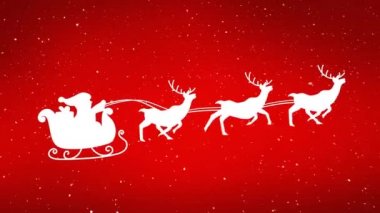 Kızakla Noel Baba 'nın üzerine yağan kar, ren geyikleri tarafından kırmızı arka plana çekiliyor. Noel şenliği ve kutlama konsepti