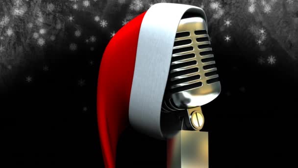 Animation Snow Falling Microphone Christmas Hat Dark Background Christmas Entertainment — Stock Video