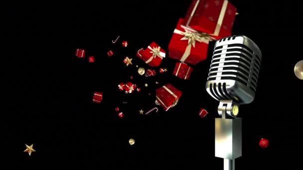 Animation Vintage Microphone Christmas Presents Falling Black Background Christmas Winter — Stock Video