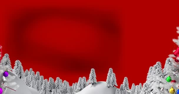 Animatie Van Dennenboom Met Decoratie Winterlandschap Rode Achtergrond Kerstmis Traditie — Stockvideo