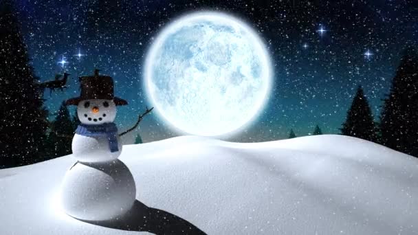 Sneeuw Valt Sneeuwpop Winterlandschap Tegen Maan Aan Nachtelijke Hemel Kerstfeest — Stockvideo