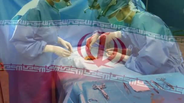Animace Vlajky Íránce Vlnící Nad Chirurgy Operačním Sále Globální Medicína — Stock video