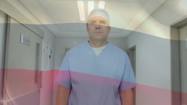 Animation Drapeau Russie Agitant Sur Chirurgien Dans Bloc Opératoire Médecine — Video