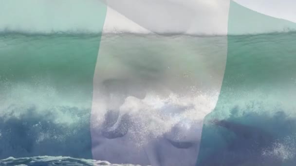 Cyfrowy Skład Falującej Nigeryjskiej Flagi Przeciwko Falom Morzu Krajowa Koncepcja — Wideo stockowe