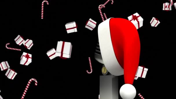 Animation Santa Hatt Vintage Mikrofon Med Julklappar Faller Svart Bakgrund — Stockvideo