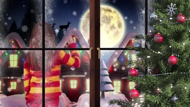 Animación Árbol Navidad Sobre Paisaje Invierno Con Niña Saludando Santa — Vídeo de stock