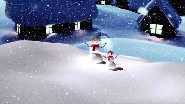 Animation Chutes Neige Sur Deux Bonhommes Neige Souriants Dans Des — Video