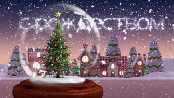 Анімація Різдвяних Привітань Над Ялинкою Сніжному Глобусі Падає Сніг Різдво — стокове відео