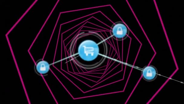 Sieć Ikon Cyfrowych Neonowym Różowym Świecącym Sześciokątnym Tunelu Czarnym Tle — Wideo stockowe