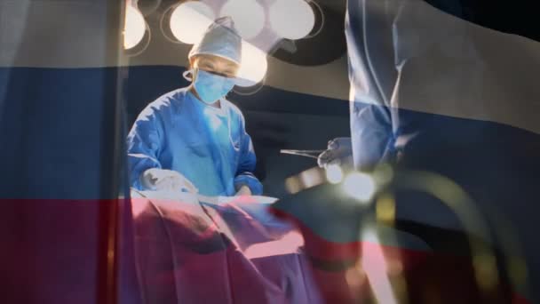Animatie Van Russische Vlag Die Wappert Chirurgen Operatiekamer Wereldwijde Geneeskunde — Stockvideo