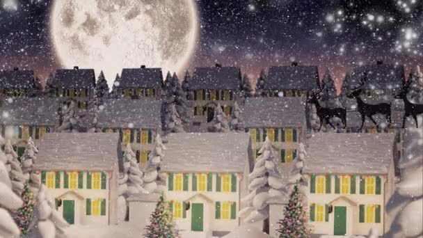 Animatie Van Kerstman Slee Met Rendieren Sneeuw Vallen Winterstad Kerstmis — Stockvideo