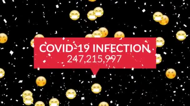 Animation Covid Infections Falling Emojis Confetti Black Background Global Covid — Stock Video