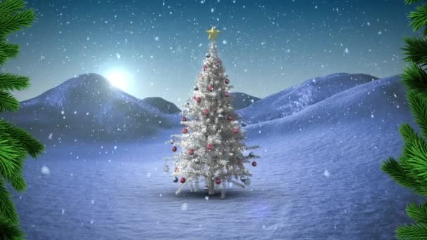 Ветви Деревьев Против Снега Падающего Белую Рождественскую Елку Зимнем Пейзаже — стоковое видео