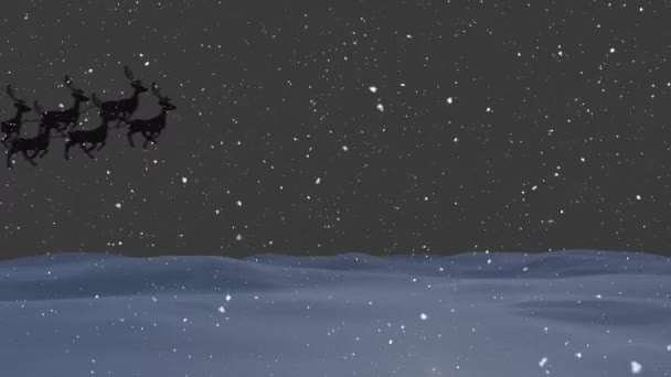 Animation Von Weihnachtsmännern Schlitten Mit Rentieren Über Schnee Der Auf — Stockvideo