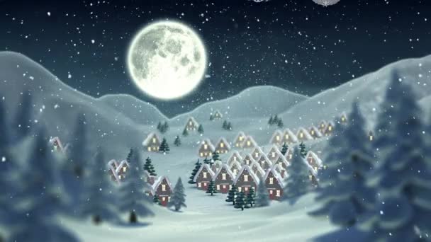 Анімація Різдвяних Валіз Санта Клауса Санчатах Оленями Рухаються Над Зимовим — стокове відео