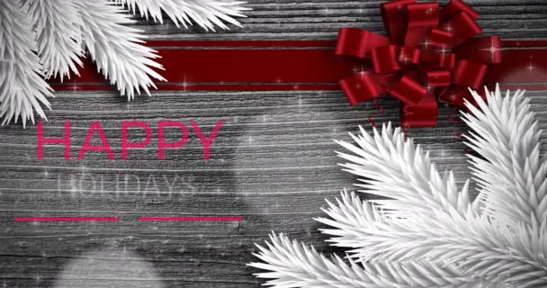 木の背景にクリスマスモミの木と幸せな休日や幸せな新年のテキストのアニメーション クリスマス 伝統とお祝いのコンセプトデジタルで生成されたビデオ — ストック動画