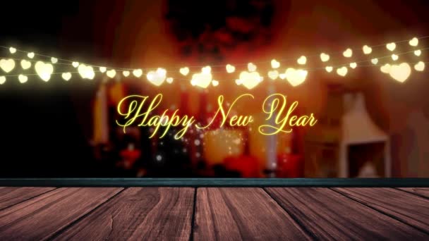 Gelukkig Nieuwjaar Tekst Gloeiende Gele Hart Vormige Fee Licht Decoratie — Stockvideo