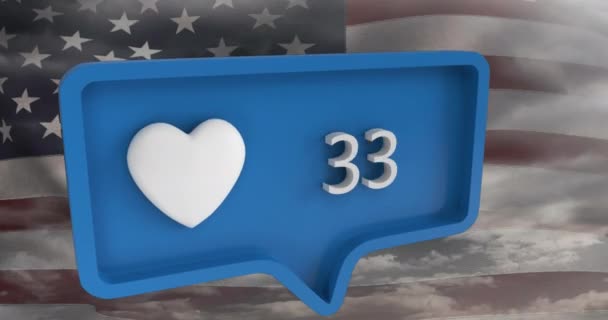 Animasi Ikon Jantung Dengan Angka Pada Gelembung Ucapan Atas Bendera — Stok Video