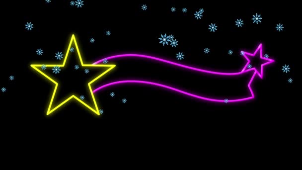 Animatie Van Sneeuw Vallen Kerst Neon Decoratie Zwarte Achtergrond Kerstmis — Stockvideo