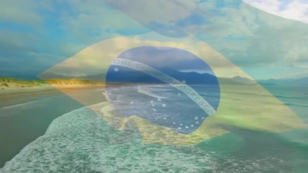 Digitální Složení Vlnící Brazilské Vlajky Proti Leteckému Pohledu Pláž Mořské — Stock video