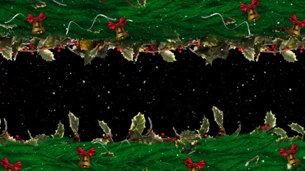 Снег Падает Рождественский Венок Украшения Колоколами Черном Фоне Рождественский Праздник — стоковое видео