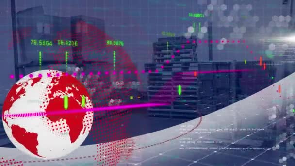 Animation Von Globus Und Digitaler Schnittstelle Mit Datenverarbeitung Über Lager — Stockvideo