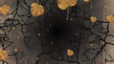 Gri arka plandaki tüyler ürpertici ağaç dallarına düşen sonbahar yapraklarının dijital animasyonu. Cadılar Bayramı vektör illüstrasyonu ve sanat konsepti