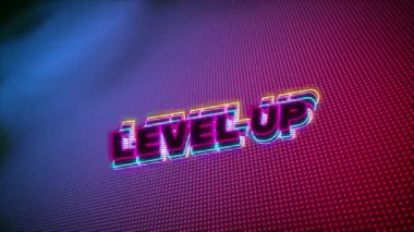 Pembe ve mavi arkaplan üzerinde seviye yükseltilmiş metin animasyonu. Video oyunu, eğlence ve dijital arayüz kavramı dijital olarak oluşturuldu.