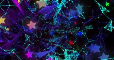 Siyah arka plandaki yıldızlara karşı bağlantı ağı ve pleksus ağlarının dijital animasyonu. küresel ağ ve teknoloji kavramı