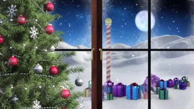 Noel ağacının ve Noel Baba kızağının pencereden göründüğü kış animasyonu. Noel, kış, gelenek ve kutlama konsepti dijital olarak oluşturulmuş video.