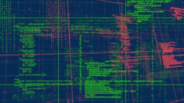 Mavi zemin üzerinde veri işleme animasyonu. küresel bağlantılar, veri işleme ve dijital arayüz konsepti dijital olarak oluşturulmuş video.