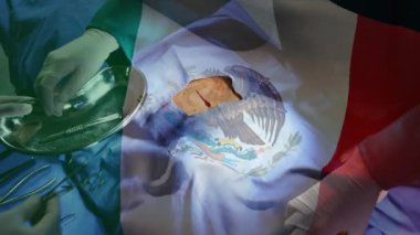 Ameliyathanede cerrahların üzerinde sallanan Meksika bayrağının animasyonu. küresel tıp, covid 19 pandemik konsept sırasında sağlık hizmetleri dijital olarak üretilen video.