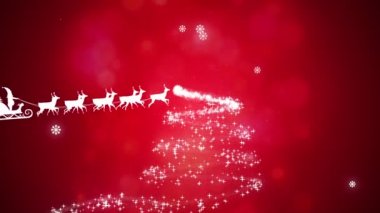 Yılbaşı ağacı oluşturan kayan yıldıza karşı ren geyikleri tarafından çekilen kızaklı Noel Baba. Noel şenliği ve kutlama konsepti