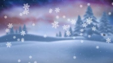 Kış manzarası ve kuzey ışıkları üzerine yağan karın animasyonu. Noel, kış, gelenek ve kutlama konsepti dijital olarak oluşturulmuş video.