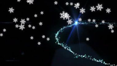 Siyah zemin üzerine düşen karların üzerine düşen yılbaşı ağacı şeklinde yıldız çizimi. Noel, gelenek ve kutlama konsepti dijital olarak oluşturuldu.