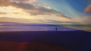 Sahilde sörf tahtası olan bir adama karşı dalgalanan Rusya bayrağının dijital bileşimi. Ulusal seyahat ve turizm kavramı