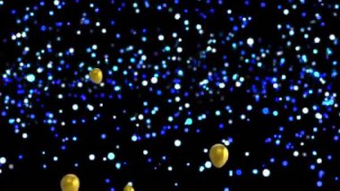 Siyah arkaplanda renkli noktalar üzerinde altın balonların canlandırılması. Yeni yıl, gelenek ve kutlamalar dijital olarak üretilen video konsepti.