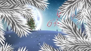 Beyaz ağaç dalları ve mutlu noeller, kış manzarasında yılbaşı ağacı üzerine yazılmış. Noel şenliği ve kutlama konsepti