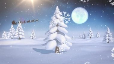 Kış mevsiminde Noel ağacına düşen kar taneleri gece gökyüzünde aya çarpıyor. Noel şenliği ve kutlama konsepti