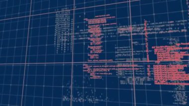 Mavi zemin üzerinde veri işleme animasyonu. küresel bağlantılar, veri işleme ve dijital arayüz konsepti dijital olarak oluşturulmuş video.