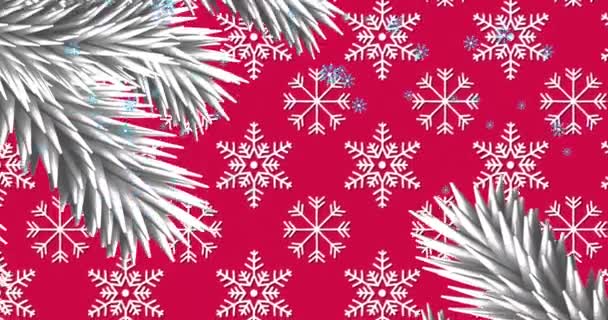 Κινούμενο Χιόνι Πέφτει Λευκά Έλατα Κόκκινο Φόντο Χριστούγεννα Παράδοση Και — Αρχείο Βίντεο